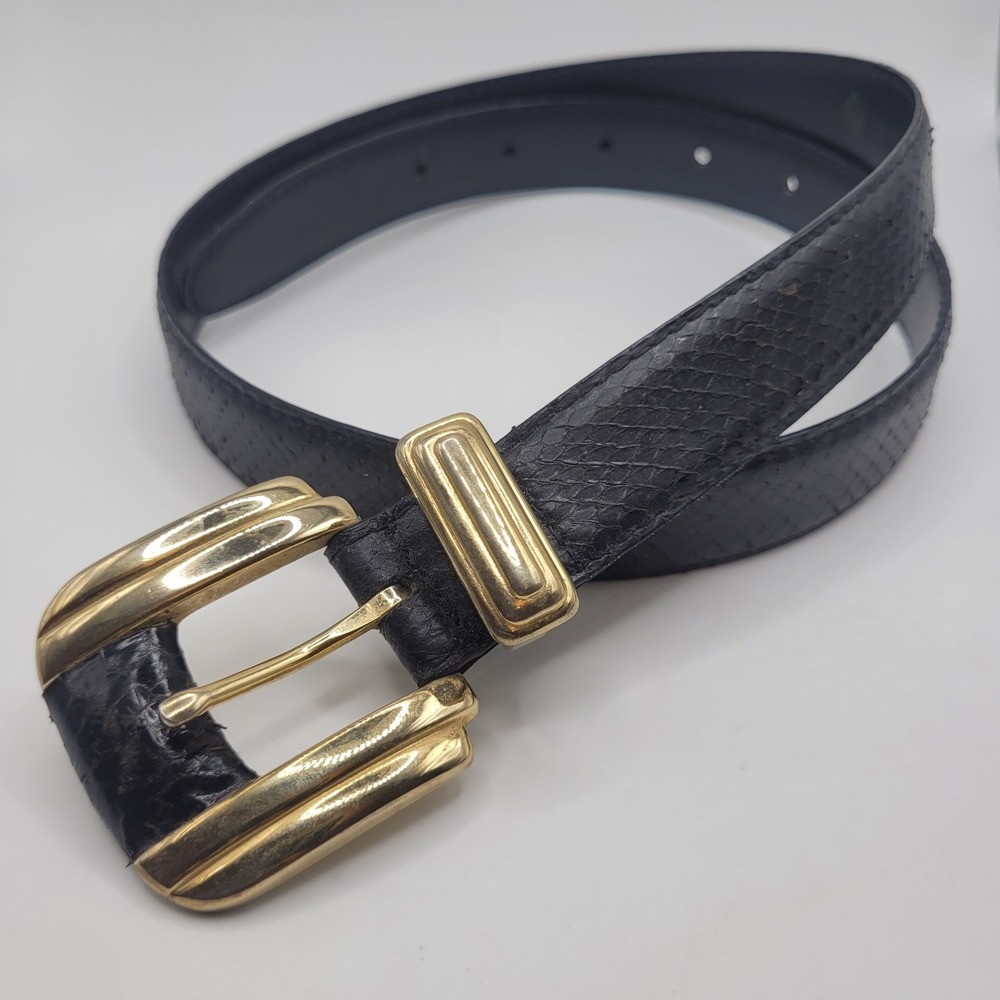 VTG Leather Shop Belt Small Black Snakeskin Leather Gold Tone Buckle Statement